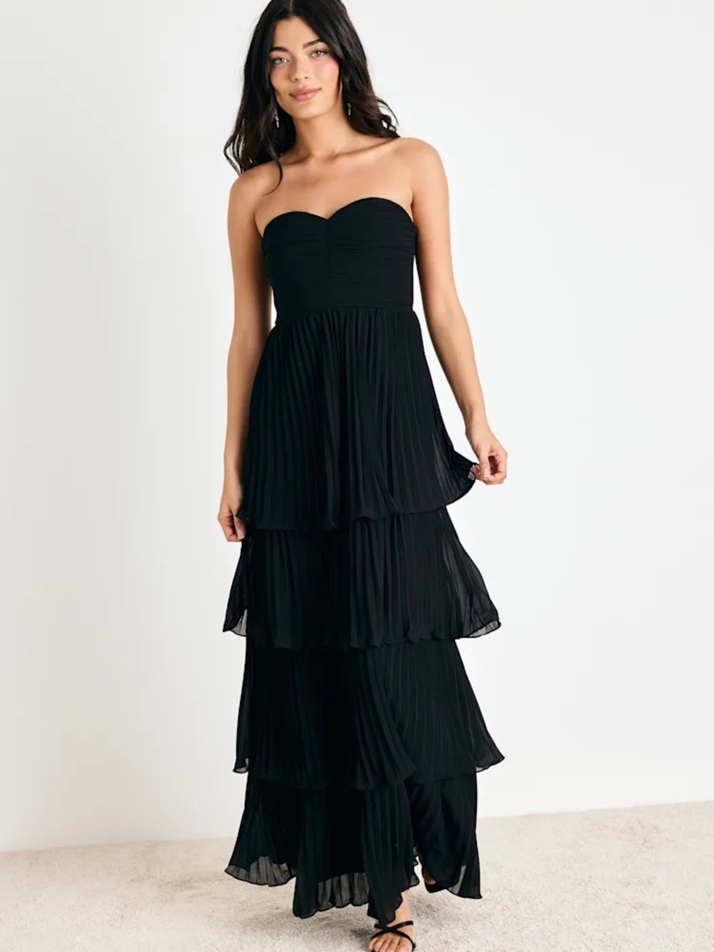 Lulus Seriously Sensational Black Strapless Tiered Maxi Dress NWT